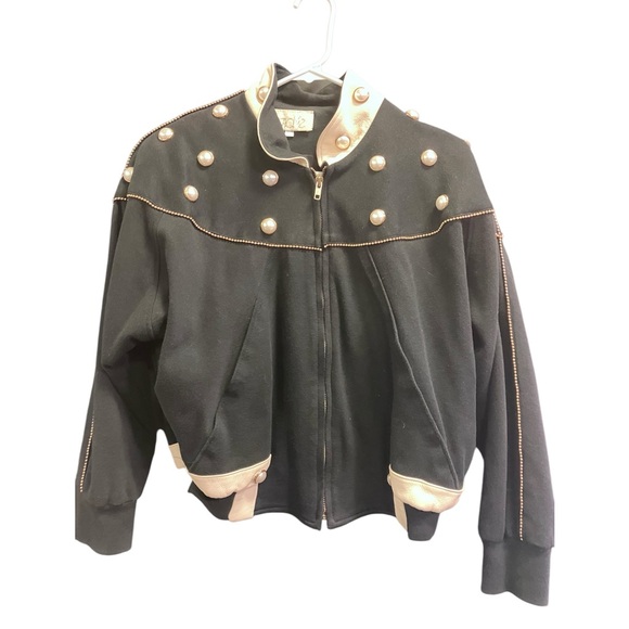 Vintage Jackets & Blazers - Vintage Cache Mary Dzenutis Black and Cream Women's Pearls Bomber Jacket XS/S